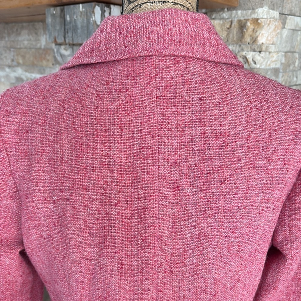 Cabi Madison Avenue pink tweed double breasted coat fringe hem gold hardware - Picture 13 of 16